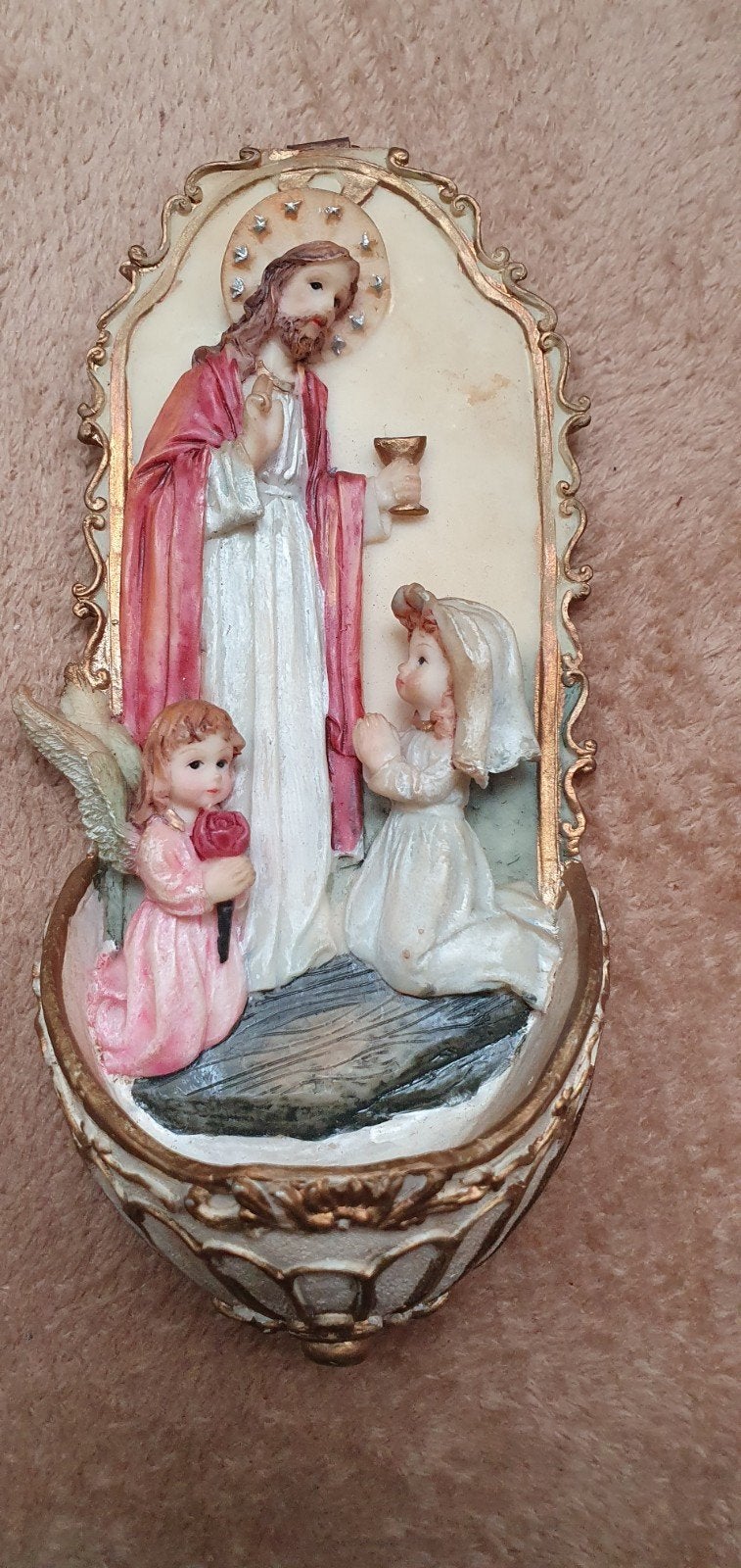 Récipient à eau bénite religieux vintage — Jésus et première, Antiquités & Art, Enlèvement ou Envoi