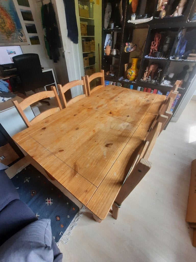 Table à manger en bois + 6 chaises, Maison & Meubles, 150 à 200 cm, Cinq personnes ou plus, Enlèvement, Utilisé
