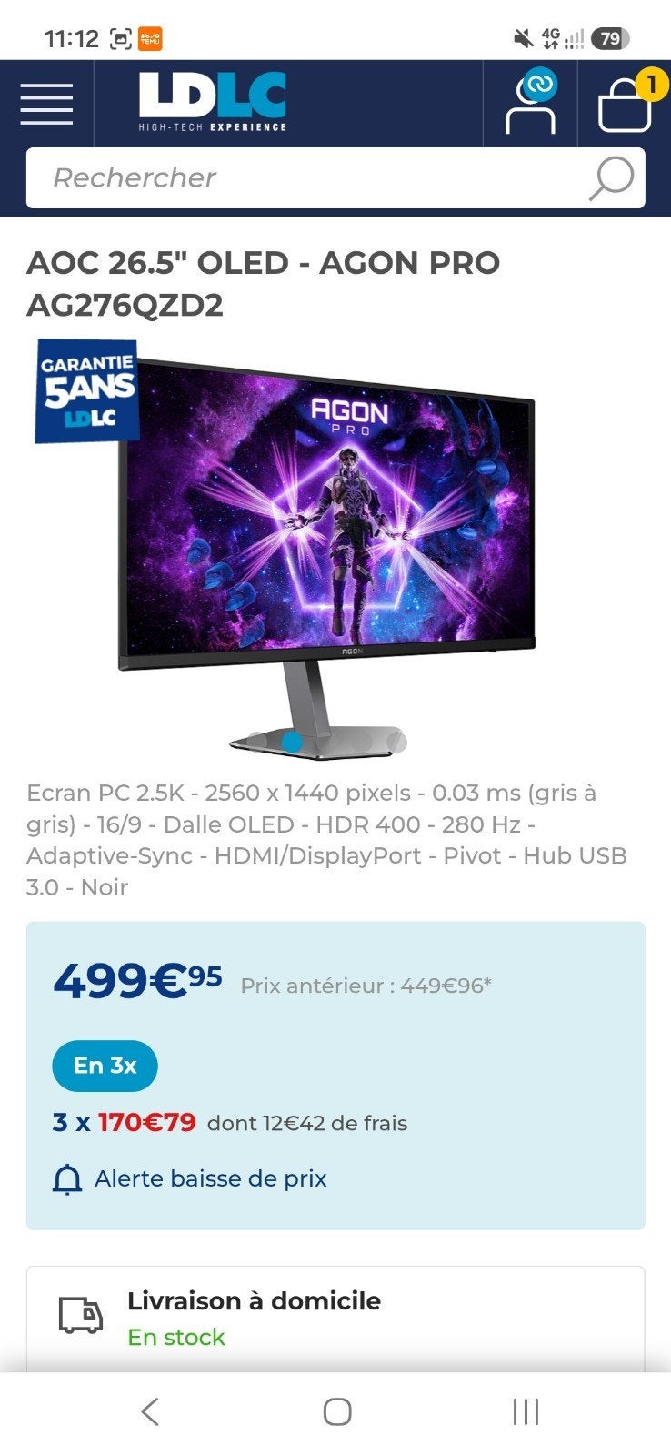 Écran gaming OLED AOC 280hz, Enlèvement, Gaming