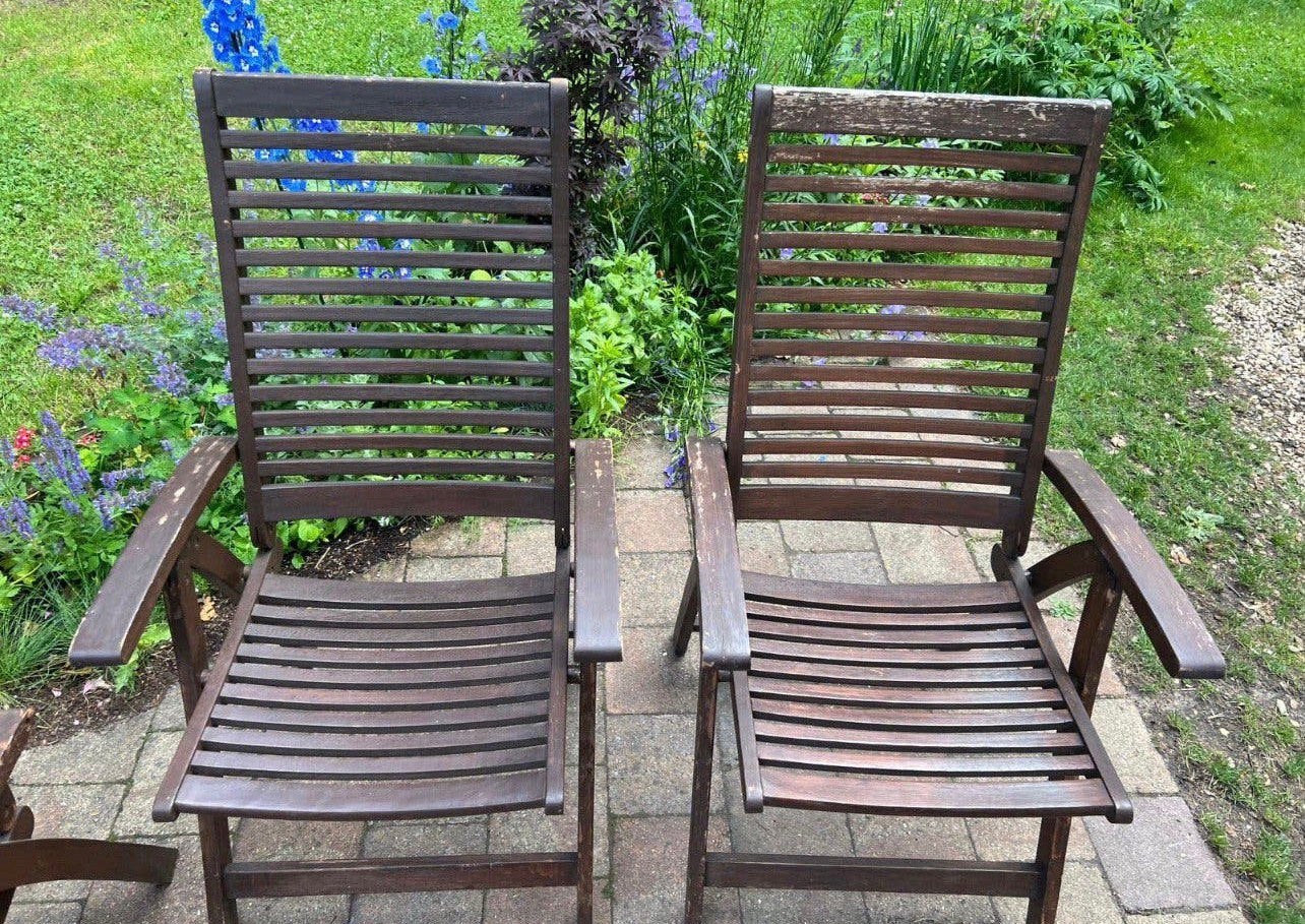 4 chaises de jardin en bois, pliables et réglables, Enlèvement, Utilisé, Bois, Pliant