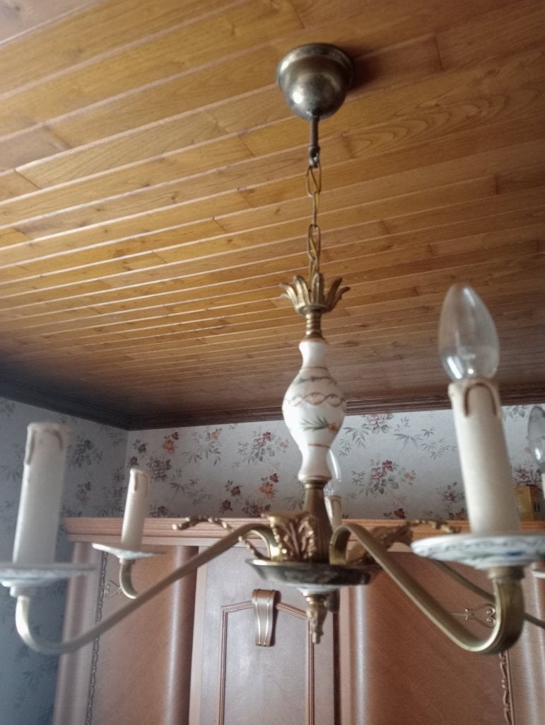 Lustre vintage, bras en laiton et porcelaine, Autres culots, Comme neuf, Landelijk, Enlèvement