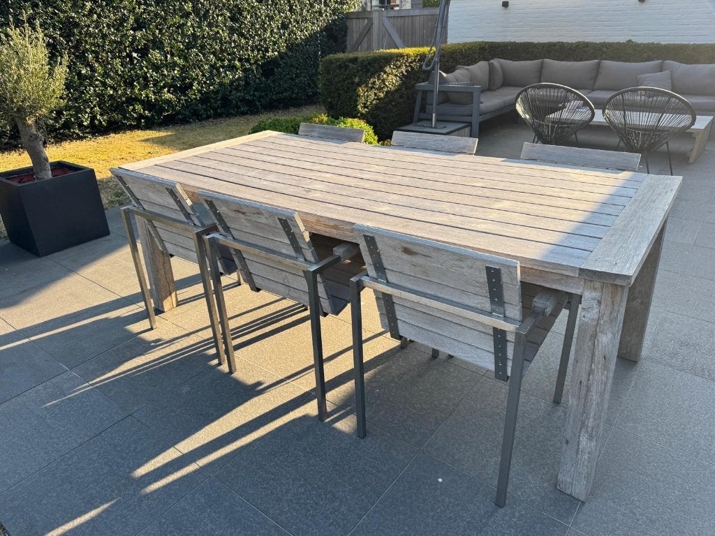 Prachtige oud teak vergrijsde tafel 220 x 100 cm, Maison & Meubles, Tables | Tables de salon, Teck, 200 cm ou plus, Comme neuf