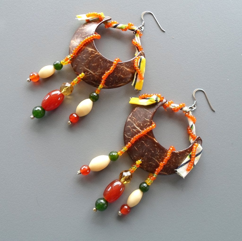 Oorbellen van carneool, jade en zilver met koko en was, Handtassen en Accessoires, Oorbellen, Hangers, Nieuw, Oranje, Ophalen of Verzenden