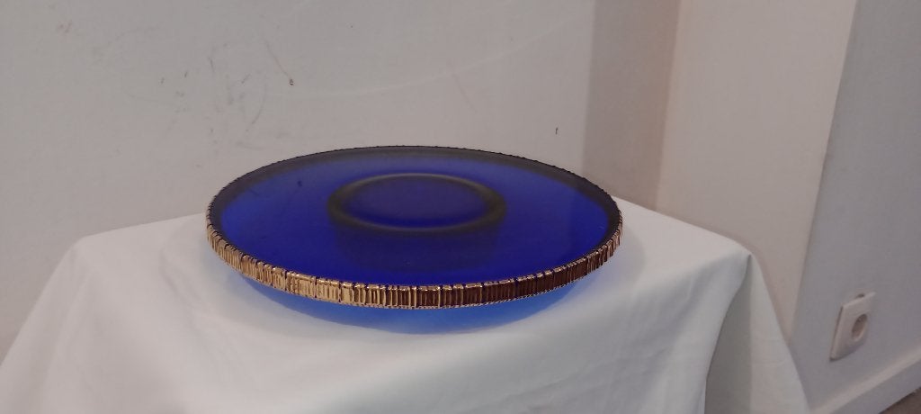 Kobaltblauwe glazen schaal met gouden rand - Vintage, Antiek en Kunst, Ophalen of Verzenden