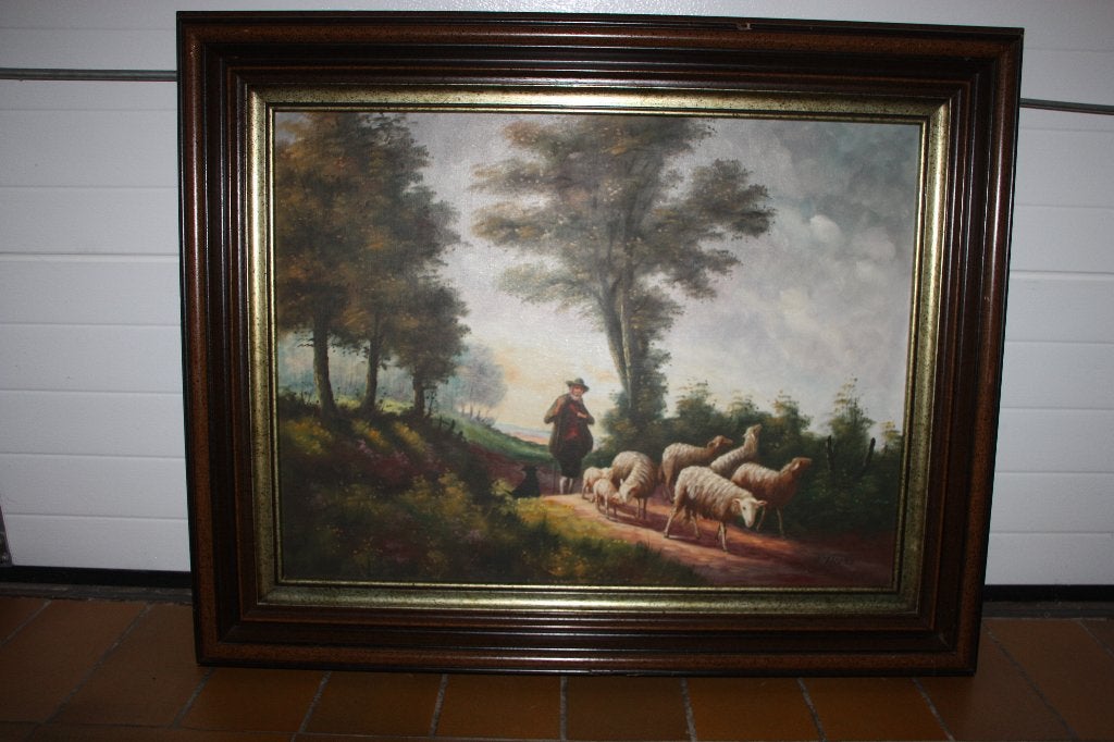 schilderij schaapherder, Antiek en Kunst, Ophalen, Doek, Realistisch, Dieren