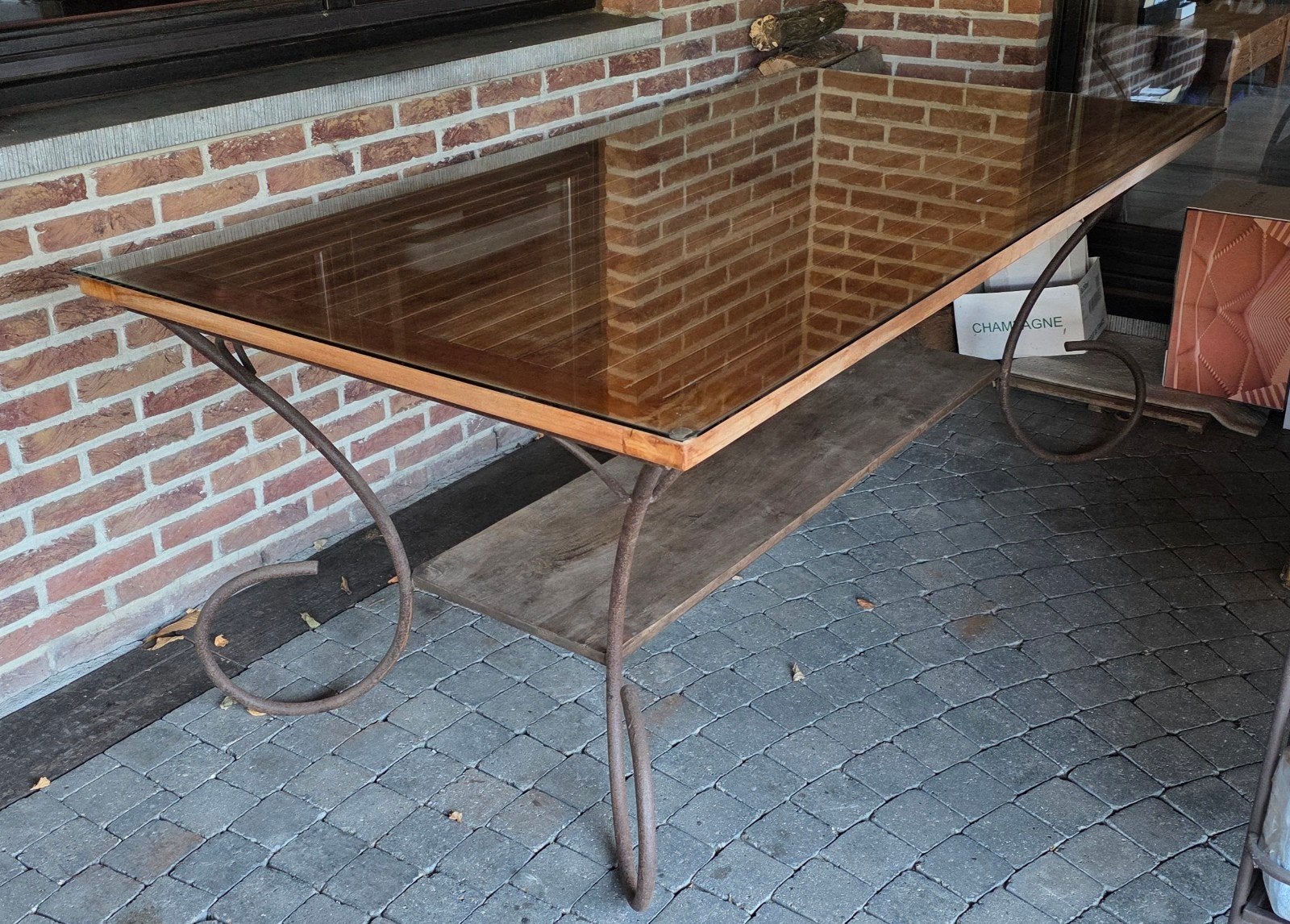 Ensemble de jardin fer forgé — Table + 8 chaises pliables, Jardin & Terrasse, Enlèvement, Comme neuf, Rectangulaire, Bois