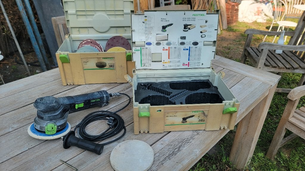 FESTOOL Schuurmachine Ø150 mm RO 150 E + houder, Doe-het-zelf en Bouw, Ophalen, Gebruikt, Minder dan 600 watt, Excentrische schuurmachine
