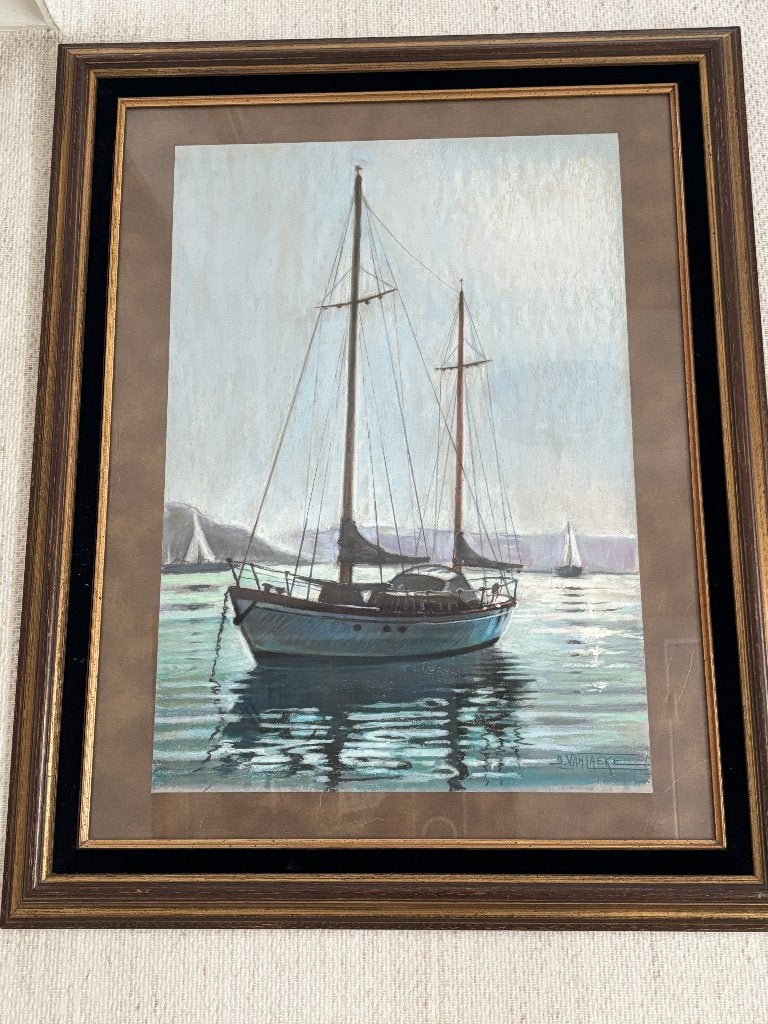 Schilderij boot, Antiek en Kunst, Ophalen, Realistisch, Achter glas, Maritiem / water
