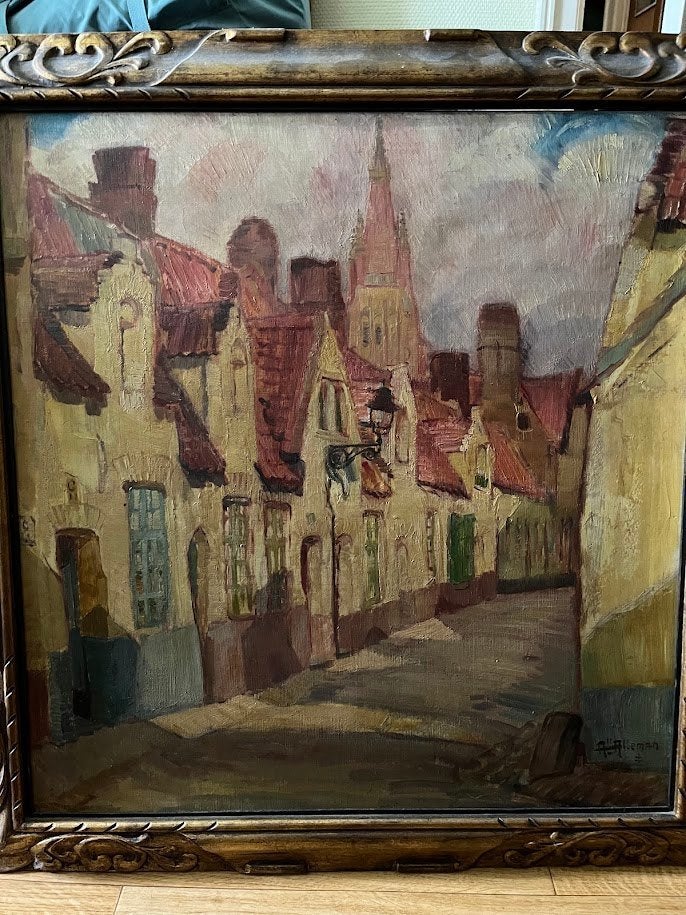 Schilderij stadszicht van Brugge, Antiek en Kunst, Ophalen, Klassiek, Handgeschilderd, Stads- / dorpsgezicht