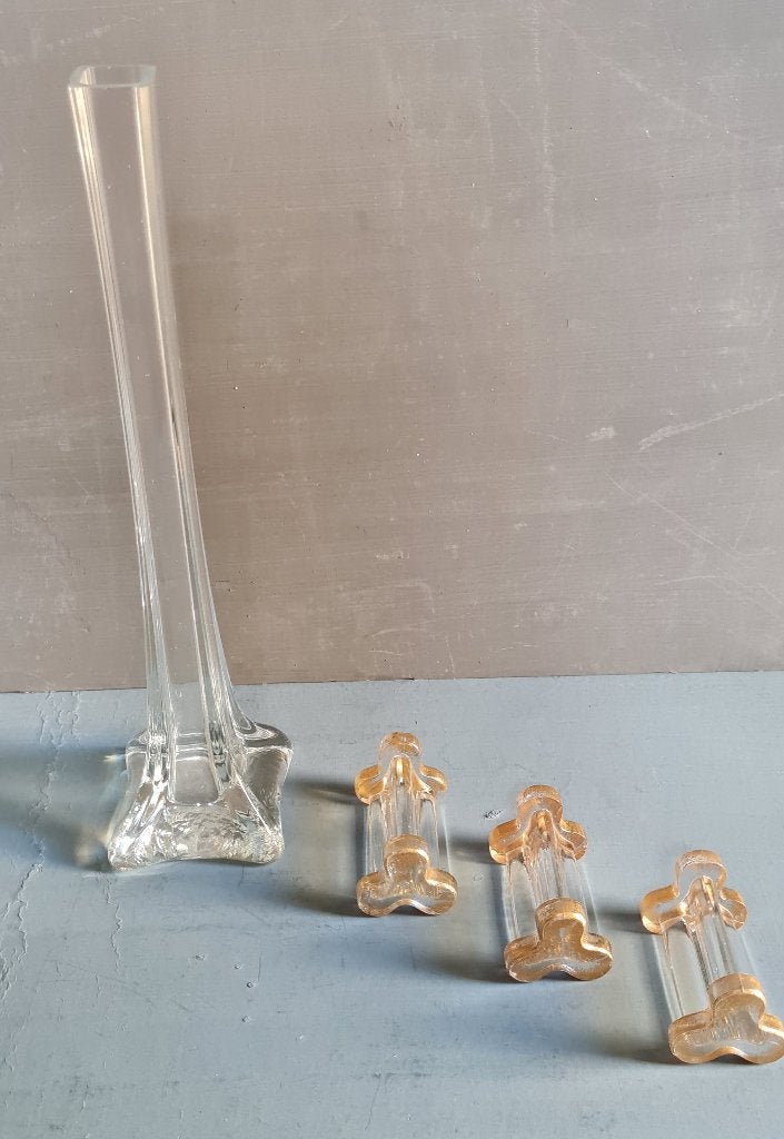 Vaasje + 3 accessoires, Gebruikt, Transparant, Ophalen of Verzenden, Glas