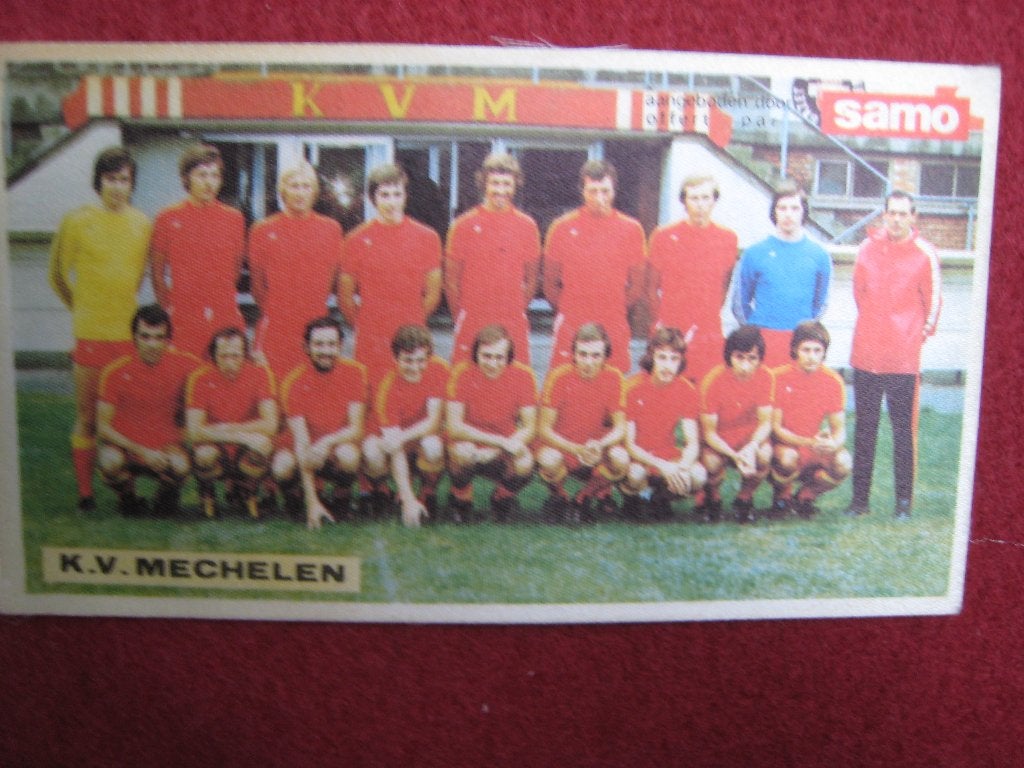 Vintage satijnen voetbal ploeg K . V. Mechelen Samo Chips, Verzenden, 1960 tot 1980, Gebruikt, Prent