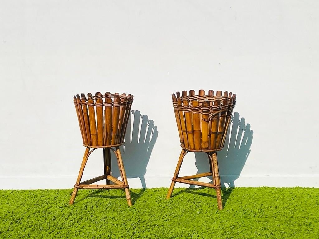 Porte-plantes bambou ~ Vintage 50s ~ Bloempot plantenhouder, Jardin & Terrasse, Enlèvement ou Envoi, Utilisé, Rond, Intérieur