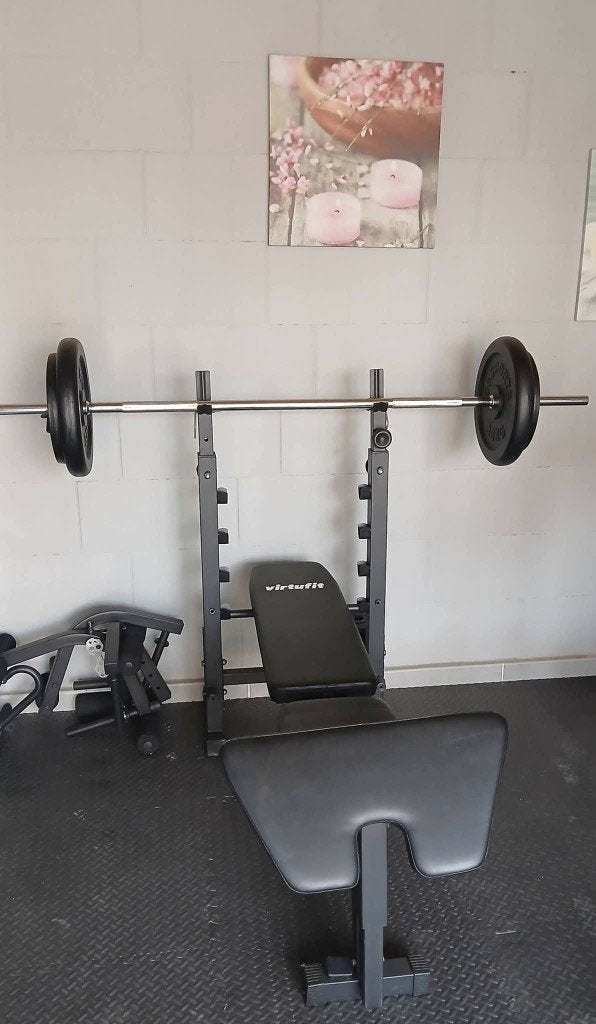 Bench press met gewichten en stang, Sport en Fitness, Ophalen, Zo goed als nieuw
