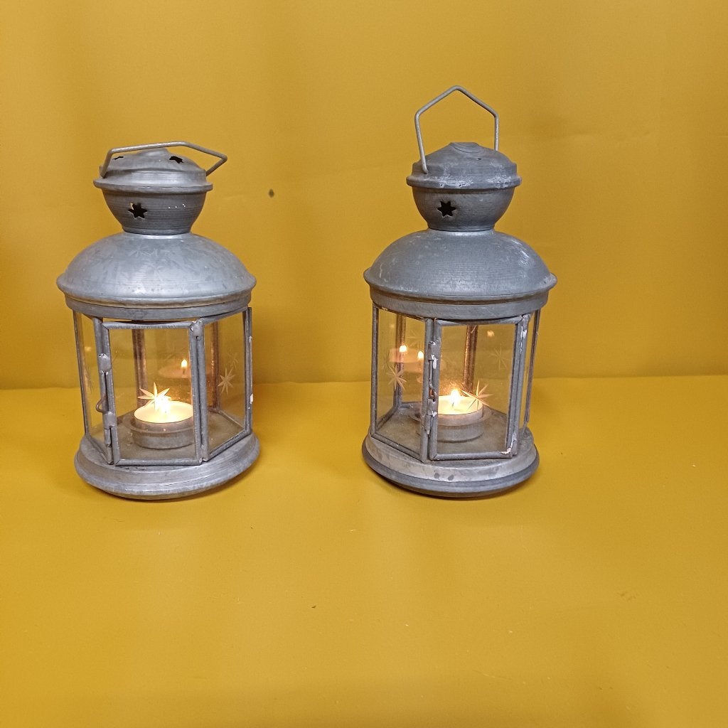 set van 2 metalen lanaarns voor t-lichtjes, Ophalen, Gebruikt, Lantaarn, Overige merken