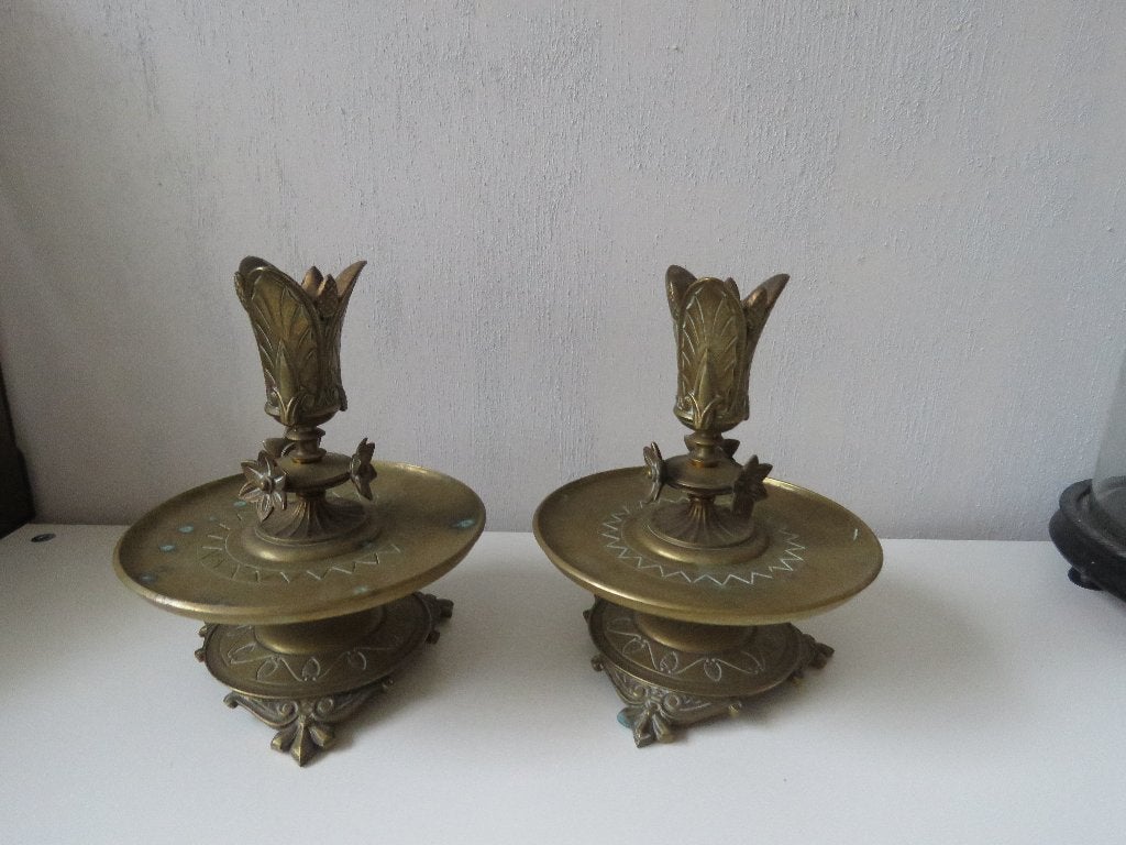 Koppel bronzen art nouveau kandelaars, Ophalen of Verzenden