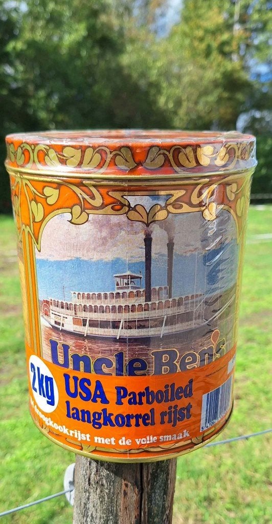Uniek, New Old Stock, vol vintage blik Uncle Bens Rice., Verzamelen, Ophalen of Verzenden, Nieuw, Overige, Overige merken