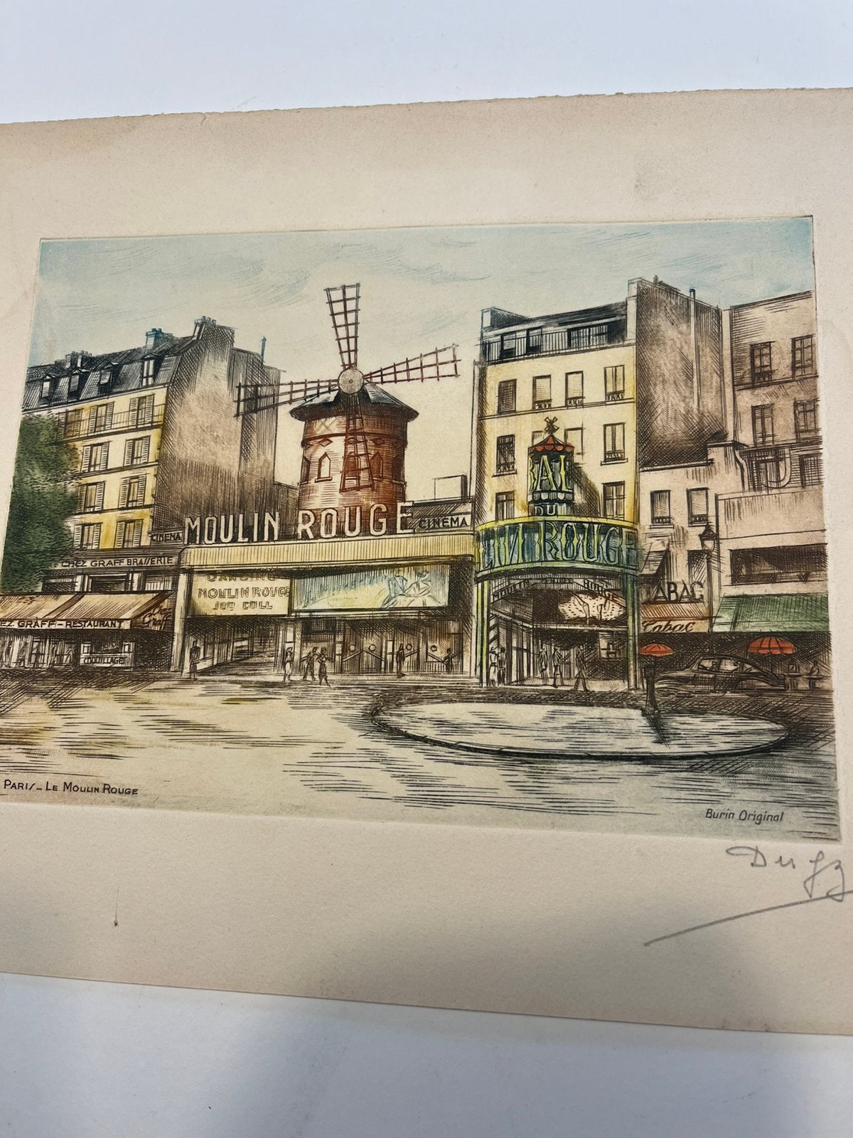 Ingekleurde ets moulin rouge origineel, Antiek en Kunst, Kunst | Etsen en Gravures, Ophalen, Ets, Origineel