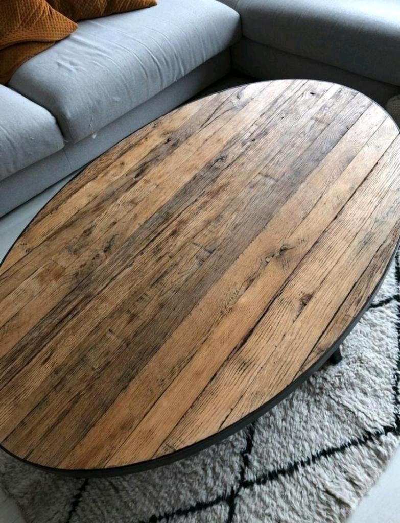 Prachtige industriële salontafel/massief hout, Huis en Inrichting, Tafels | Salontafels, Ophalen, Gebruikt, Ovaal