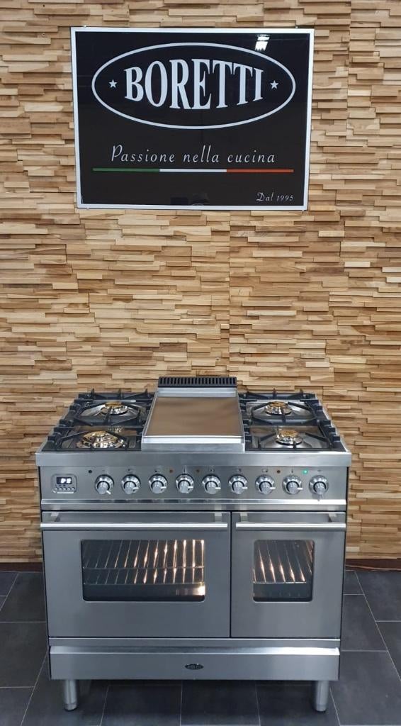 Luxe Boretti Fornuis 90cm RVS 2 elektrische ovens Frytop, Gaz, Classe énergétique A ou plus économe, Comme neuf, Enlèvement