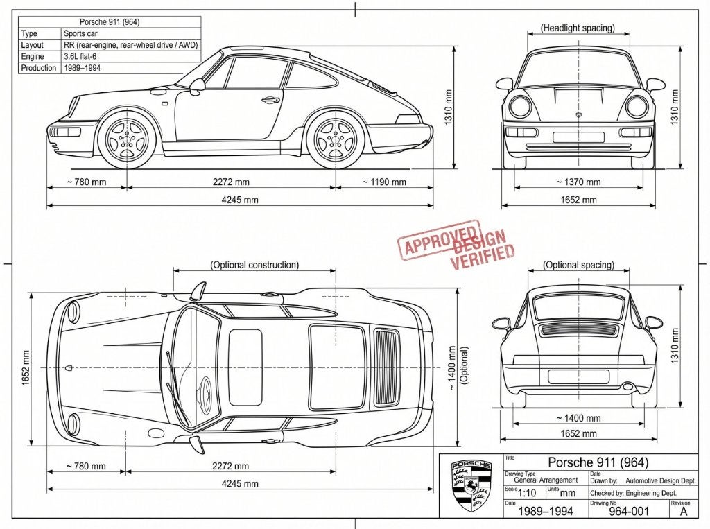 Porsche 964 - Technische blauwdruk, Origineel, Ophalen of Verzenden, Overige onderwerpen, Overige techniek