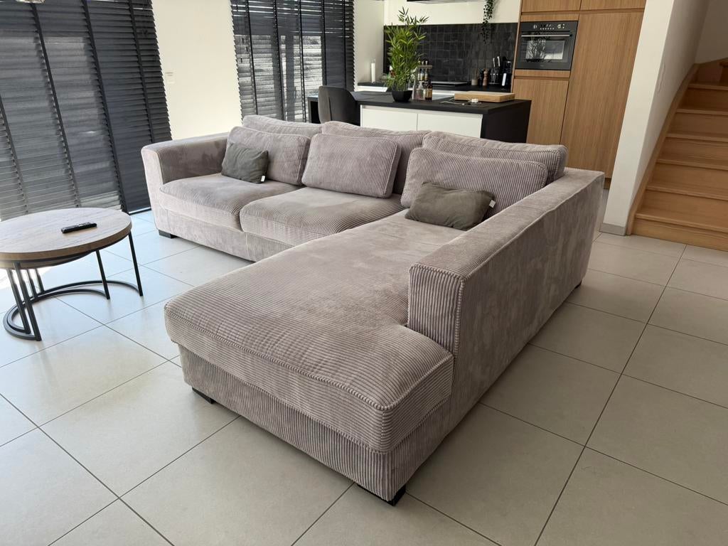 Moderne L-vorm hoekzetel – grijze ribstof (corduroy look), Ophalen, 125 cm of meer, 125 cm of meer, Zo goed als nieuw