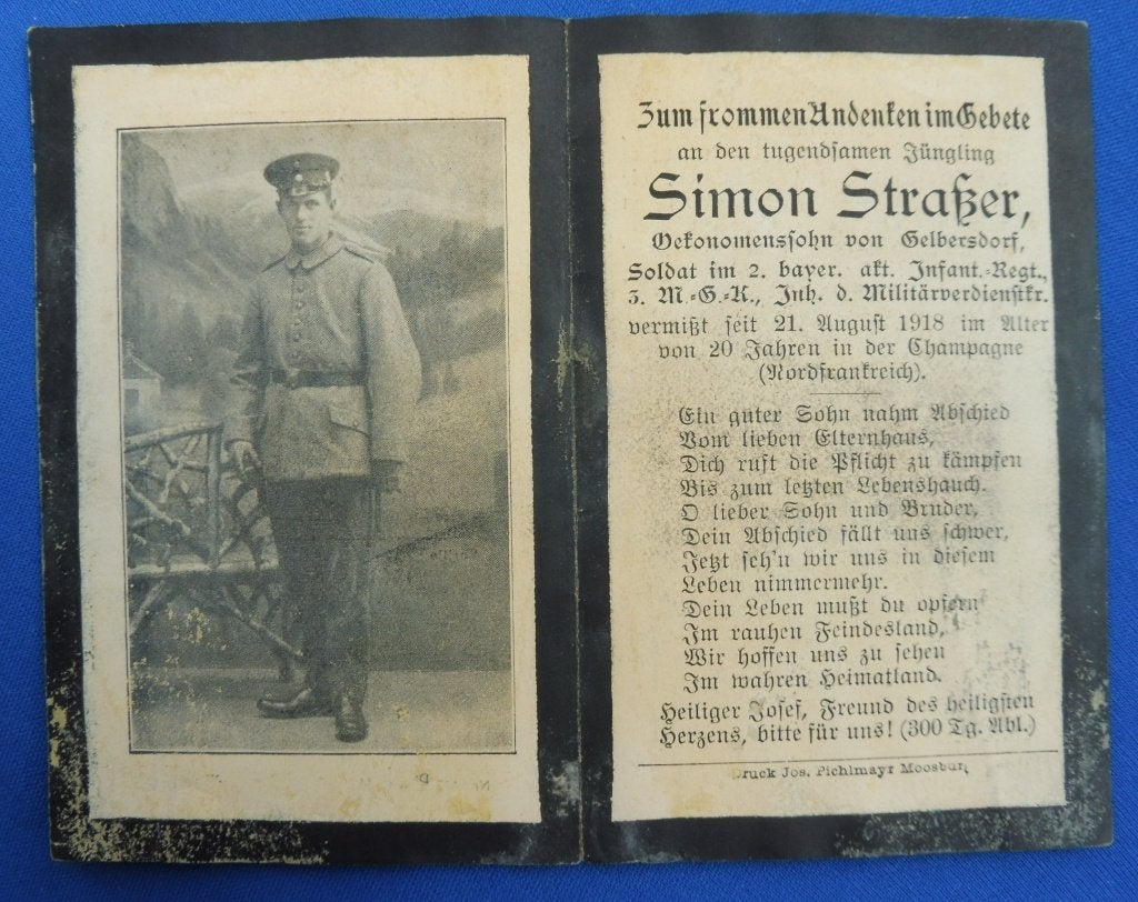 WO1 Beiers Sterbebild – 5. Maschinengewehr-Kompanie. Vermist, Verzamelen, Bidprentjes en Rouwkaarten, Verzenden, Bidprentje