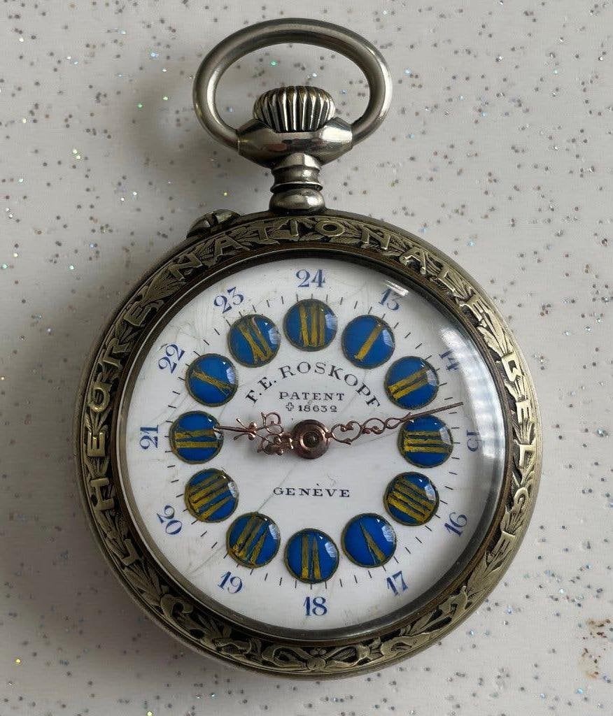 F E ROSKOPF horloge,  9 provincies, wijzerplaat met pastille, Handtassen en Accessoires, Ophalen, Zakhorloge, Gebruikt, Staal