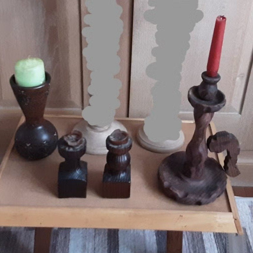 Vintage houtsnijwerk kaarsenhouders 2€ voor allevier, Huis en Inrichting, Woonaccessoires | Kandelaars en Kaarsen, Ophalen of Verzenden