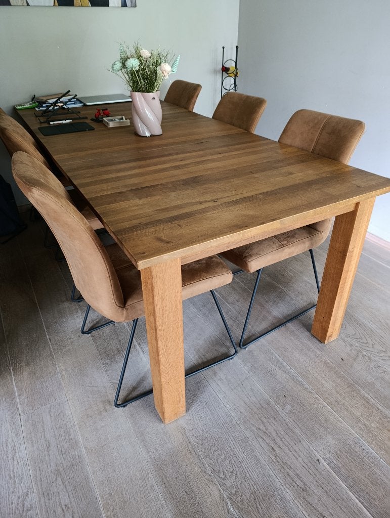 Table avec 6 chaises, Comme neuf, 100 à 150 cm, Enlèvement, Chêne