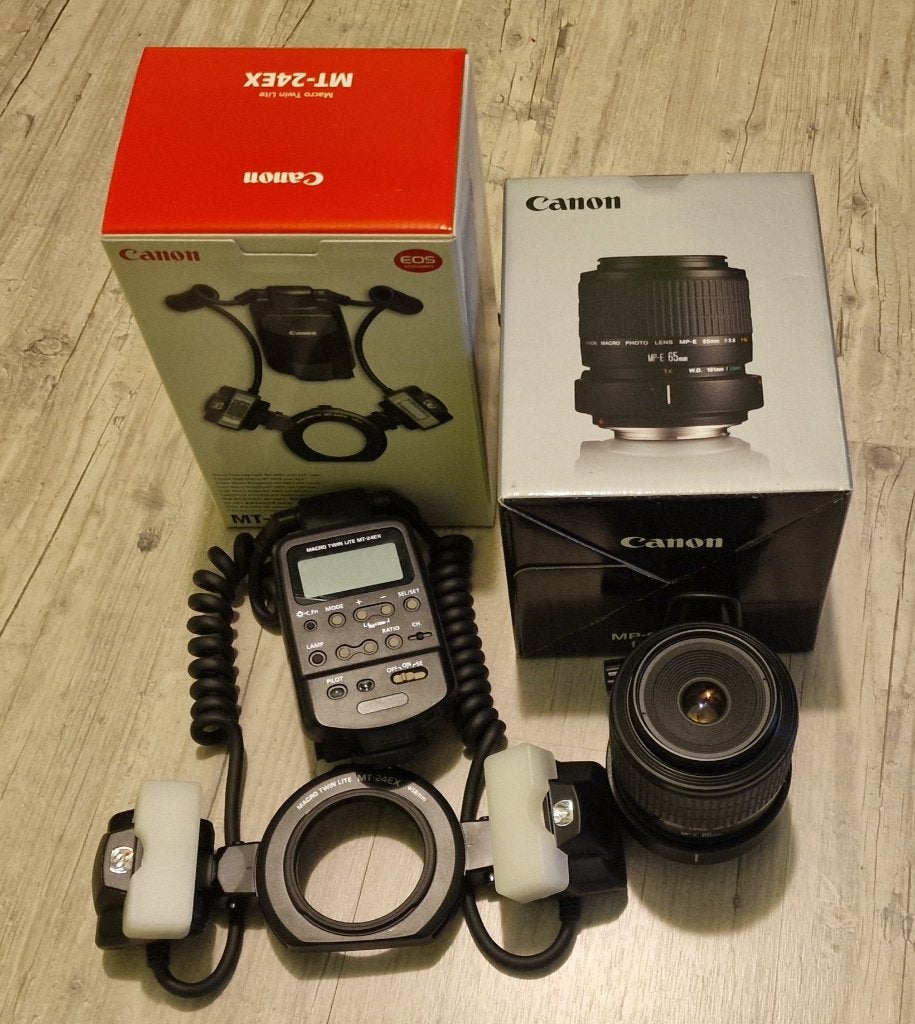 Canon  MP-E 65mm F/2.8 + Canon Macro Twin Lite MT-24EX, Audio, Tv en Foto, 65 mm, Canon, Ophalen of Verzenden, Zo goed als nieuw