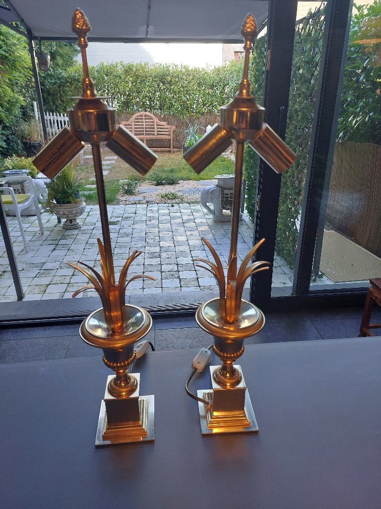Paire lampes ananas Boulanger, Doré, Vintage, 60 cm, Lampe de bureau
