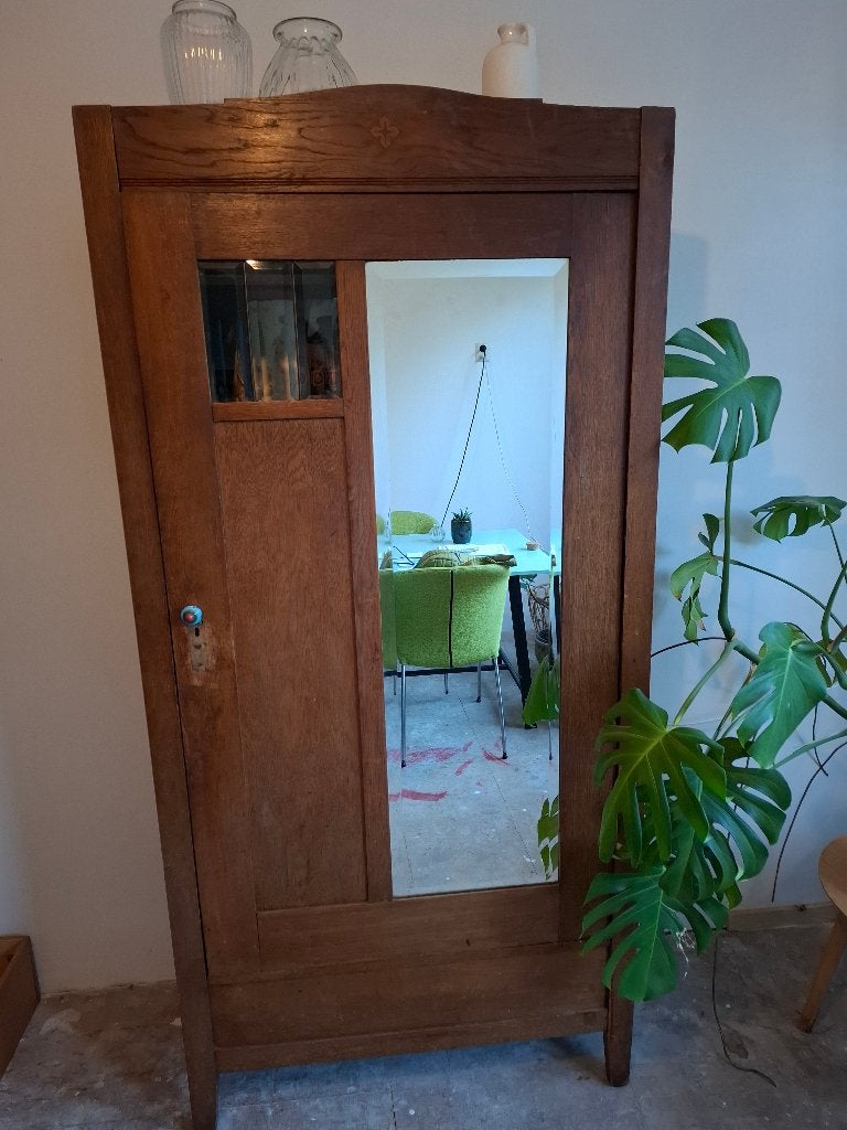 Antieke eikenhouten kast met spiegel en glas-in-lood, Ophalen