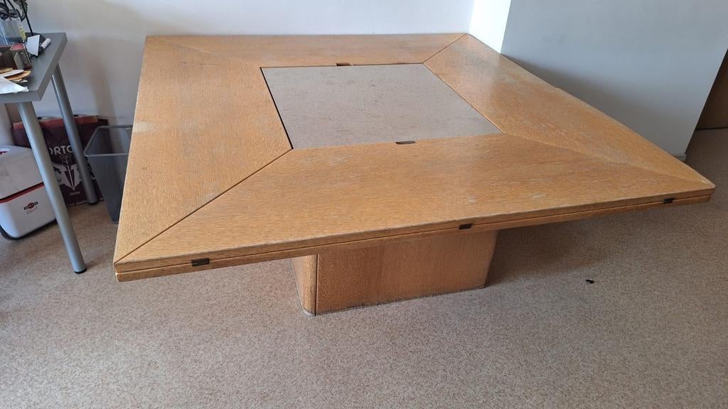 Belgische designtafel in massief eikenhout., Ophalen, Gebruikt, 50 tot 75 cm, 150 tot 200 cm
