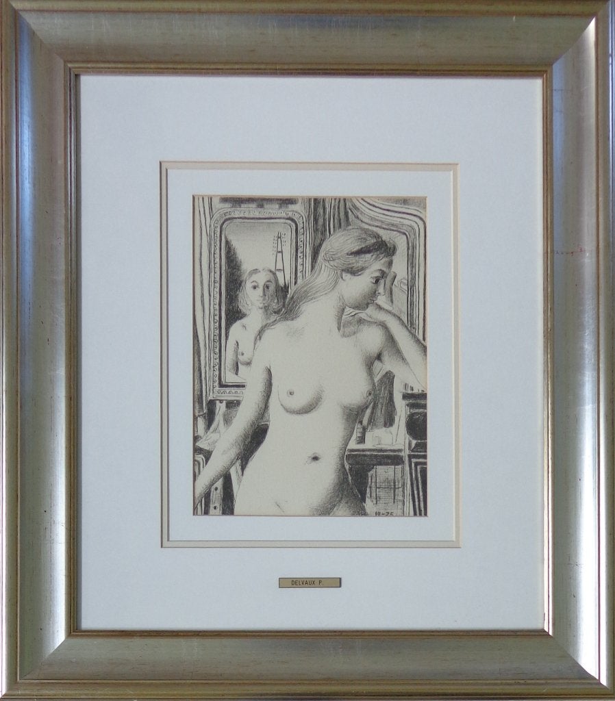 PAUL DELVAUX / LE REFLET / ZW-W LITHO / 67x59cm / KADER, Antiek en Kunst, Ophalen of Verzenden