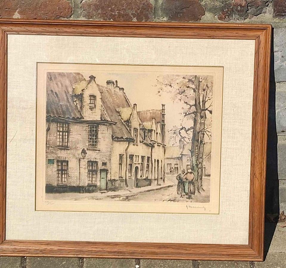 gravure ruelle animee signe roger hebbelinck, Ophalen of Verzenden, Gravure