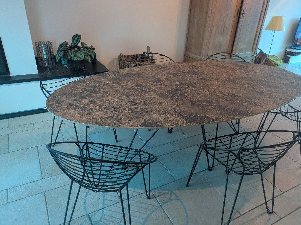 Joli Wire eettafel elyps + 8 stoelen, Maison & Meubles, Comme neuf, 100 à 150 cm, Enlèvement, Autres matériaux