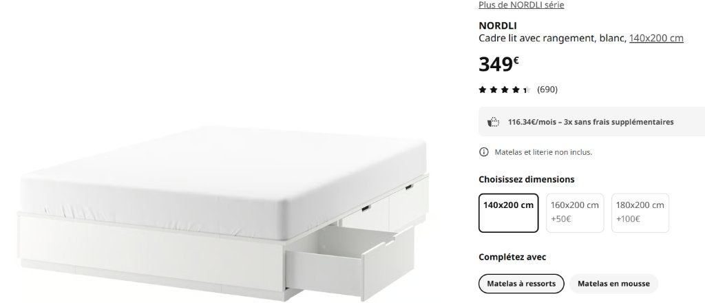 Lit Ikea Nordli 140 cm blanc, Maison & Meubles, Chambre à coucher | Lits, Enlèvement, 200 cm, 140 cm, Comme neuf