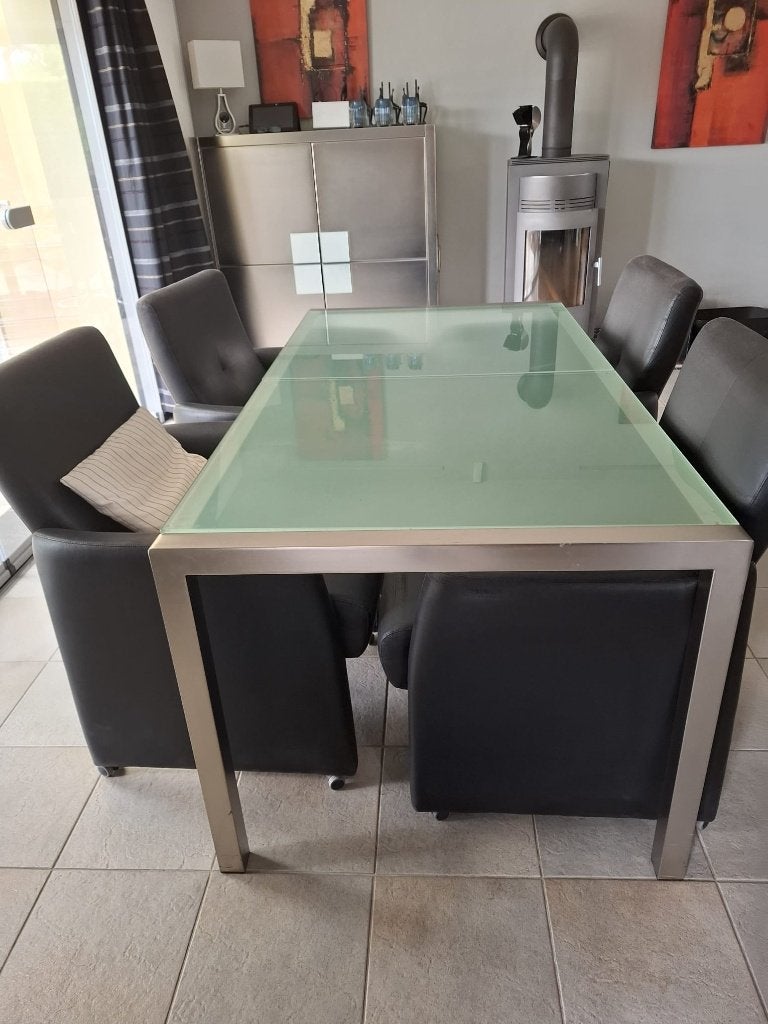 Inox Eetkamer Tafel met Glazen blad, Ophalen, Gebruikt, 50 tot 100 cm, Vijf personen of meer