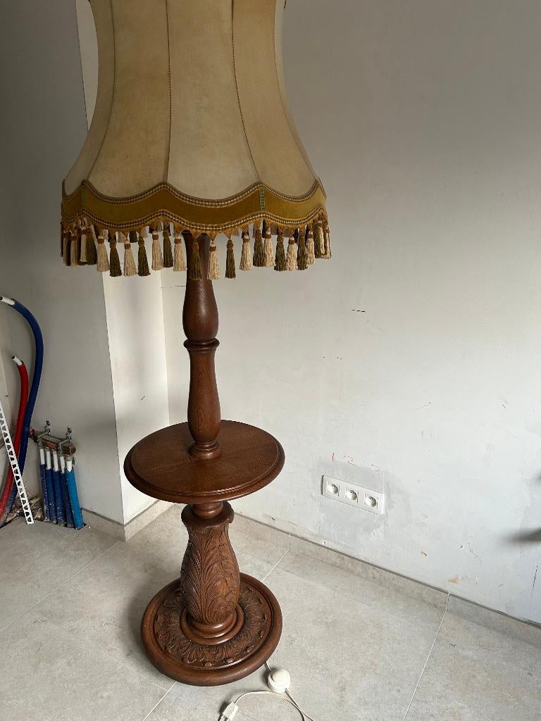 Lampadaire/lampe sur pied vintage chêne massif + abat-jour, Utilisé, Bois, Vintage / Antiek, 150 à 200 cm
