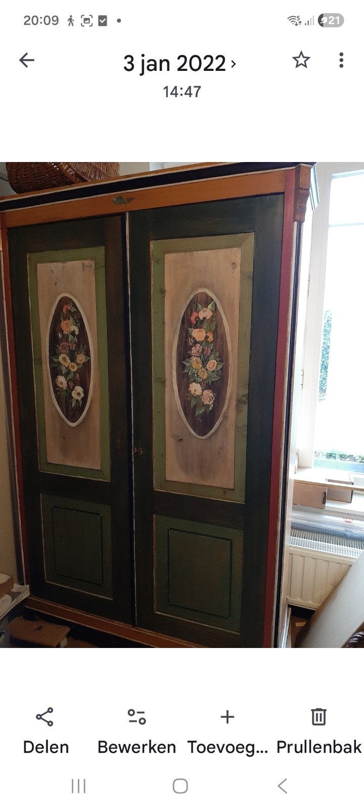 antieke groen geschilderde kast met bloemen, Antiek en Kunst, Ophalen