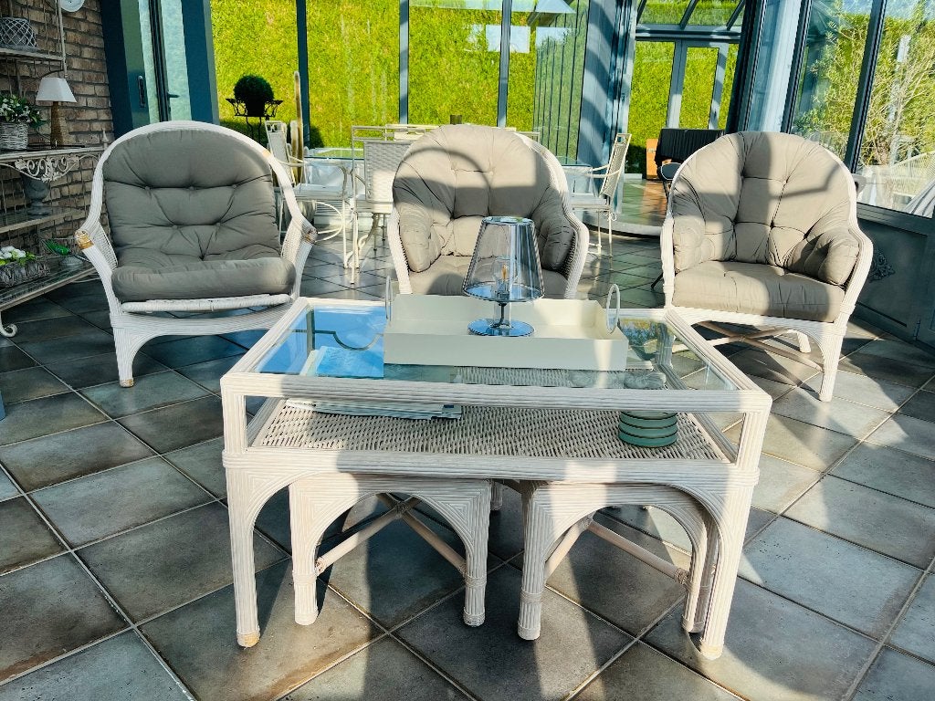 Salon complet en rotin blanc avec table et repose-pieds, Maison & Meubles, Canapés | Coins salons complets, Enlèvement, Utilisé