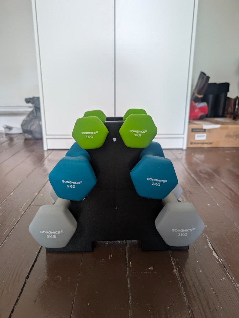 Kit d'haltères d'haltérophilie SONGMICS avec support, Comme neuf, Enlèvement, Autres types, Autres matériaux