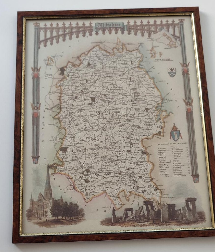 Vintage reproductie van een 19e-eeuwse Wiltshire kaart., Ophalen of Verzenden