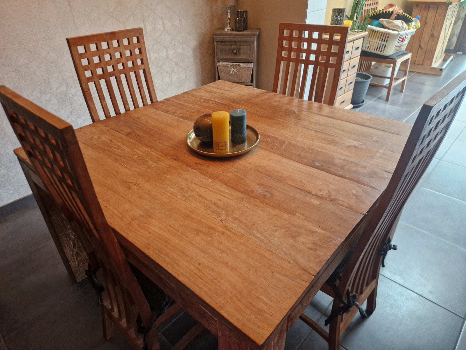 Table salle à manger en Tek 130/130 cm ht 88 cm + 5 chaises, Enlèvement