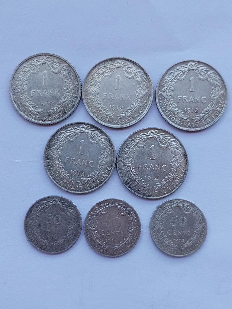 België 50 Cents, 1 Franc/1 Frank 1910/1914, 8 stuks - zilver, Ophalen of Verzenden, Zilver, Setje, Zilver