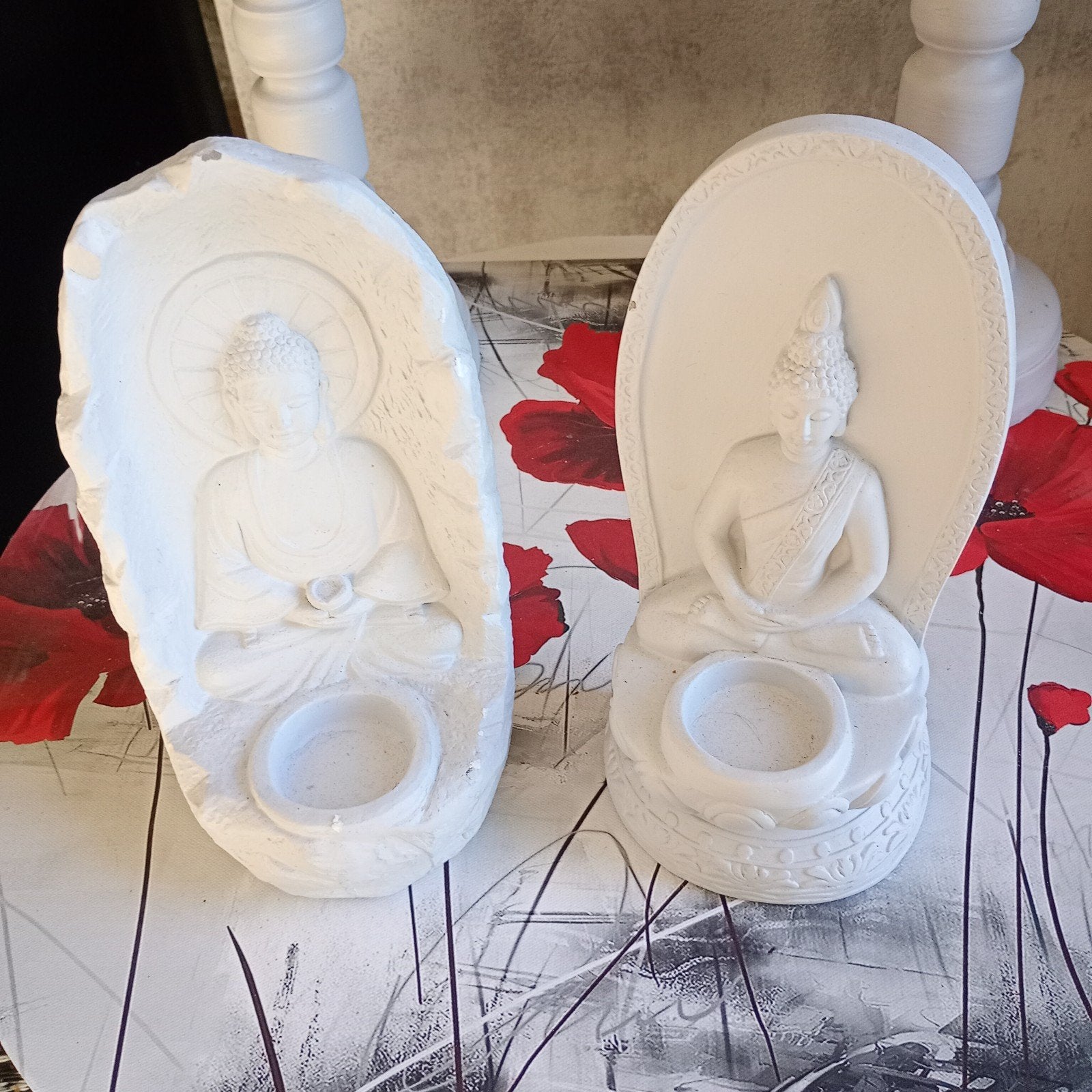 2 boedha theelicht houders in steen, hoogte 23cm, samen 5€, Huis en Inrichting, Ophalen