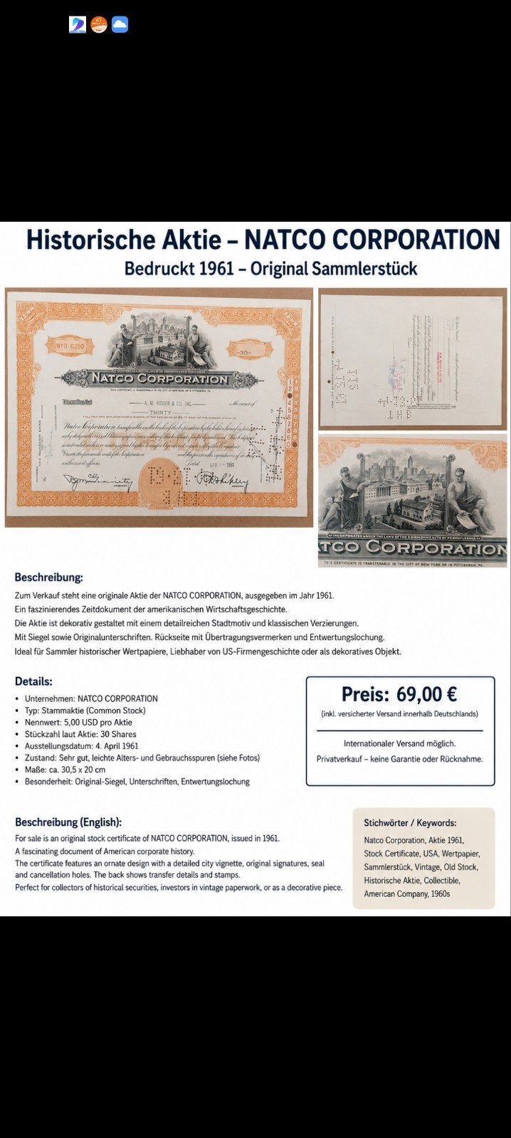 natco, Postzegels en Munten, Aandelen en Waardepapieren, Ophalen of Verzenden