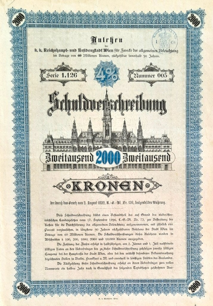 Residenzenstadt Wien - 1892 - 2000 Kronen, Timbres & Monnaies, Enlèvement ou Envoi, Avant 1920, Obligation ou Prêt