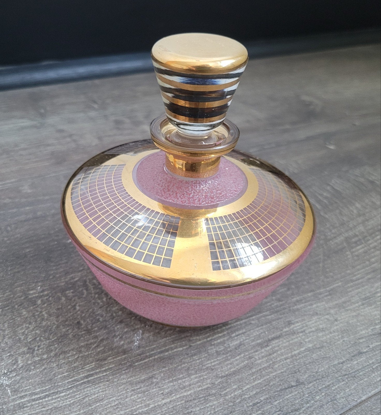 Vintage Booms glas parfumfles – roze & goud – De Rupel stijl, Ophalen of Verzenden, Gebruikt, Parfumfles