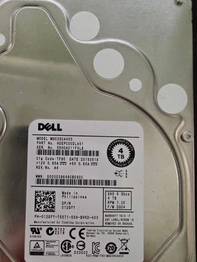 2x Toshiba (Dell) MG03SCA400 4TB SAS Enterprise HDD, Toshiba (Dell), SAS, HDD, Interne